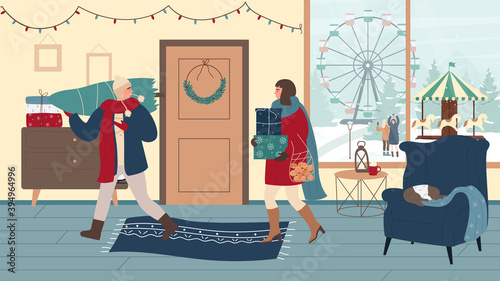 People with gifts on Christmas eve vector illustration. Cartoon family characters preparing for winter holiday celebration in living room home interior, holding gift boxes, Christmas tree background