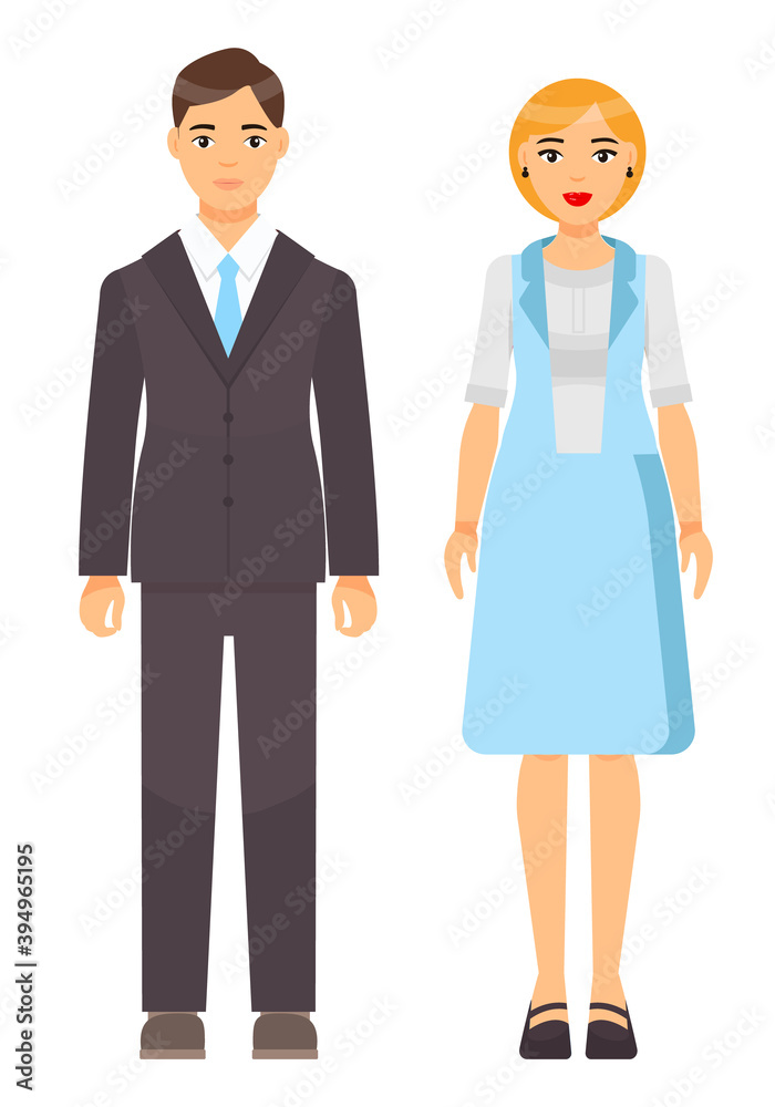Cartoon characters, stylish businesspeople wearing office suits. Businessman in jacket, shirt, tie, trousers. Businesswoman wear light blue vest and skirt with white blouse. Office dresscode concept