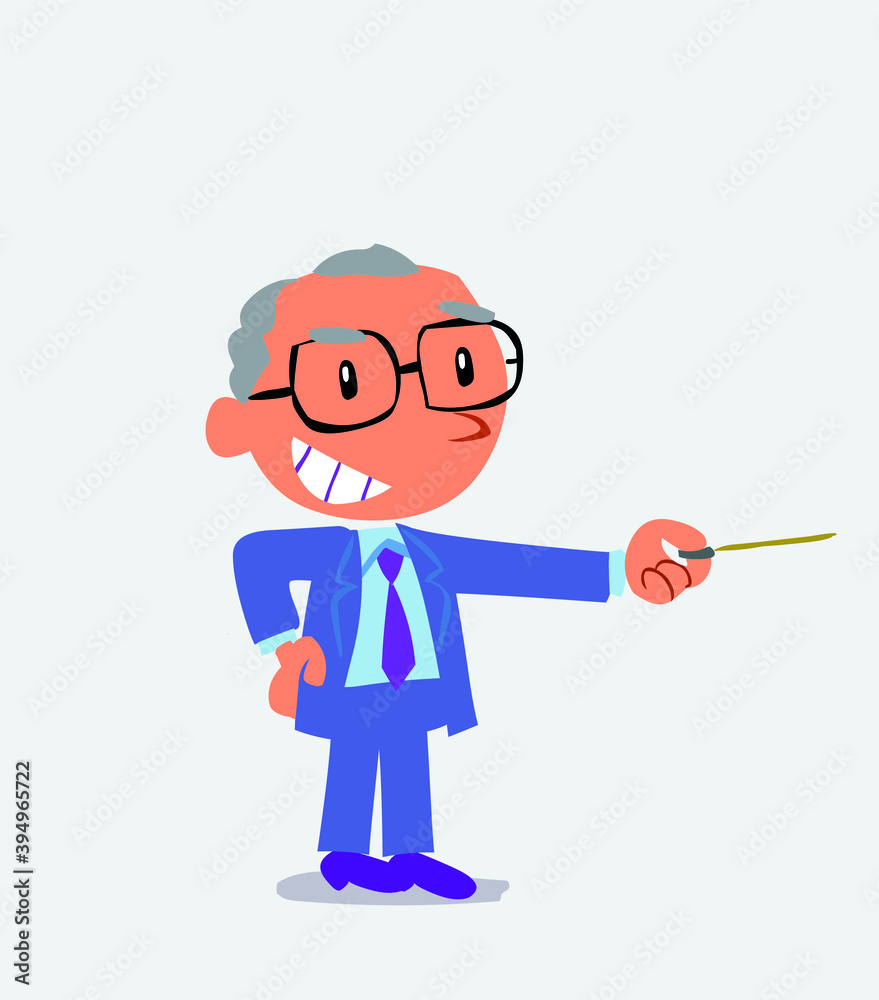  happy cartoon character of businessman points with pointer to the side