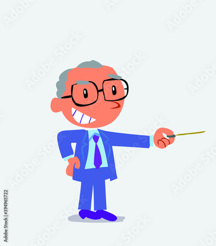  happy cartoon character of businessman points with pointer to the side