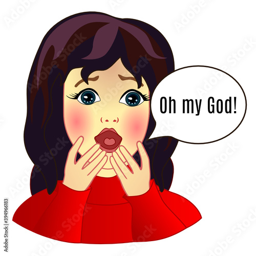 Emoticon with a girl who is horrified says Oh, God! color simple emoji on white isolated background, vector illustration