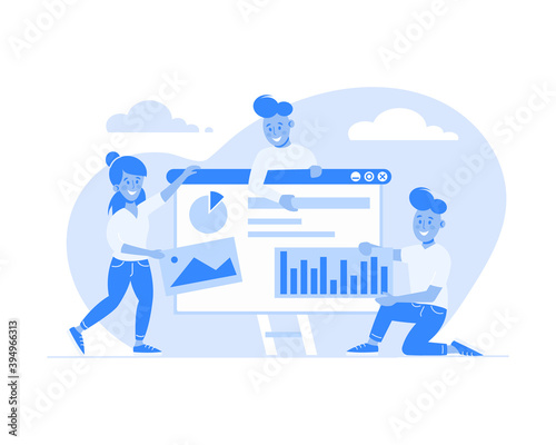 Funny colorful team of web developers designs website, banner isolated on white backdrop. Landing page template of social media marketing. Trendy people. Modern cartoon flat design. Blue vector illust