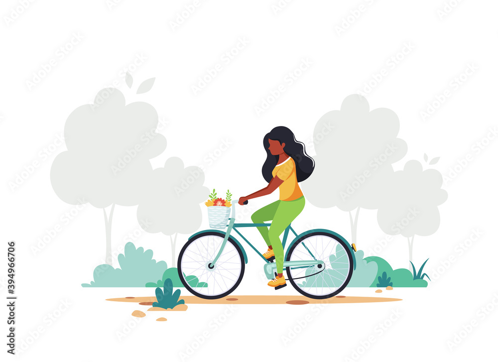 Black woman riding bike. Healthy lifestyle, sport, outdoor activity concept. Vector illustration