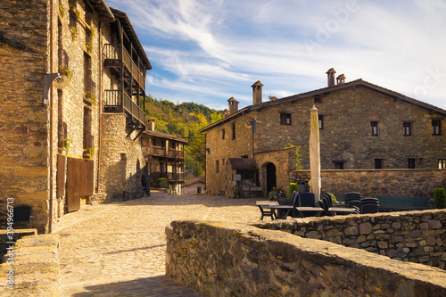 View of the main square of the town of Baget where its old houses have been renovated, Catalonia, Spain