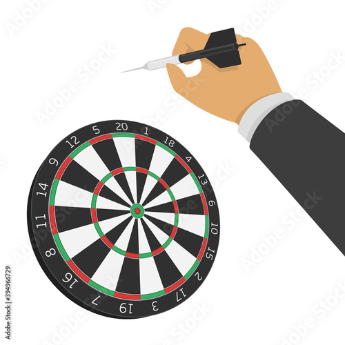 Vector hand holding dart on Dart board. Businessman aiming at the business target. Vector illustration EPS 10.