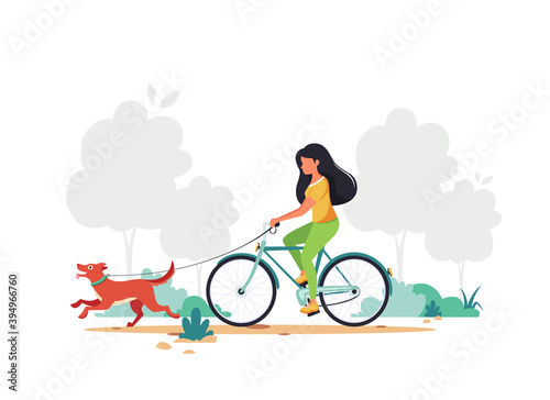Woman riding bike with dog. Healthy lifestyle,  outdoor activity concept. Vector illustration.