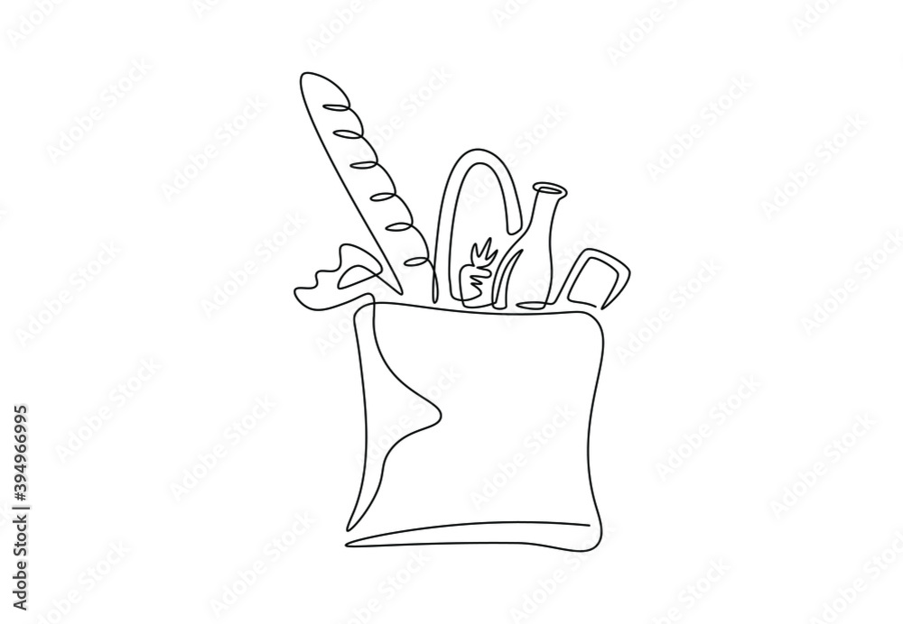 Grocery bag one continuous line drawing for logo. Hand drawn shopping bag with baguette, vegetables, milk, carrot. Grocery store design, delivery staple food concept. Modern vector illustration Grocery bag one continuous line drawing for logo. Hand drawn shopping bag with baguette, vegetables, milk, carrot. Grocery store design, delivery staple food concept. Modern vector illustration