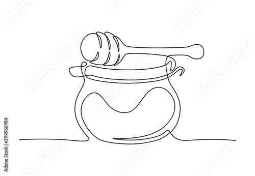 Continuous single line drawing of sweet honey in jar with dipper drip. Natural organic honey for logo, natural food store icon. Modern outline design healthy vegan supplement vector illustration