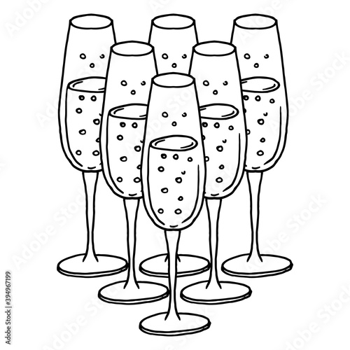 Glass of champagne. Vector illustration of glasses with champagne for Christmas. Hand drawn.