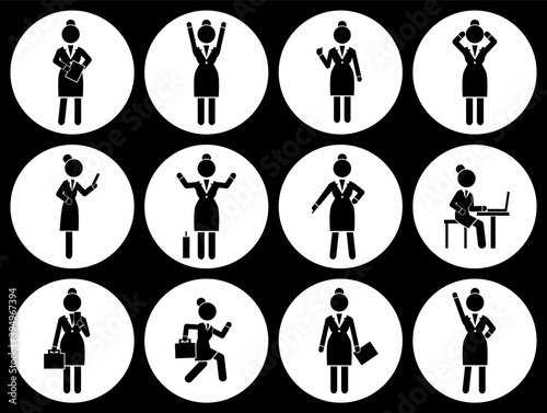 Set of business woman black silhouettes icons in round frames of different girl. Women in action. Lady dressed formally full length. Businesswoman activities at work. Positions and actions of a person