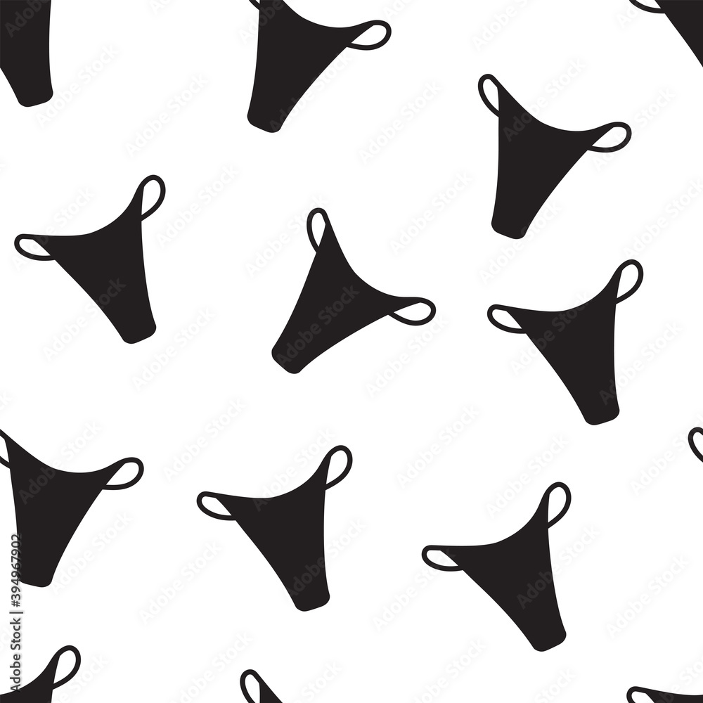 Stock vector graphics. Seamless pattern cute female panties thong in flat illustration silhouette style isolated on white background. Illustration for use in backgrounds, postcards, websites, brands Stock vector graphics. Seamless pattern cute female panties thong in flat illustration silhouette style isolated on white background. Illustration for use in backgrounds, postcards, websites, brands