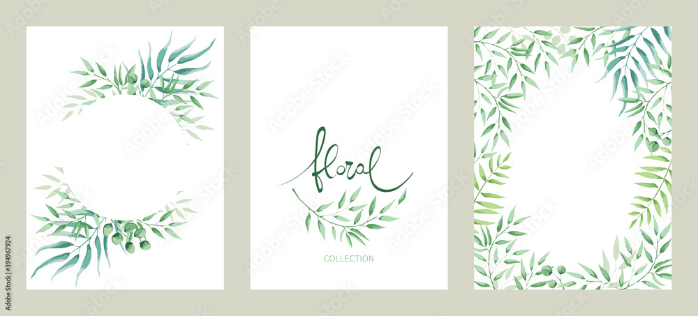 Green leaves -- set of templates for invitations. Three Vector illustration, background with design element in watercolor style.