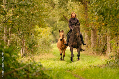 Young woman riding without saddle on her beautiful brown mare, yellow foal walks next to them, in the autumn forest