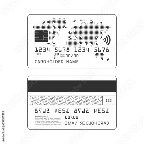 Silhouette Credit Card with worlds map. Empty plastic card template isolated on white background. Business and finance concept. Vector illustration EPS 10.