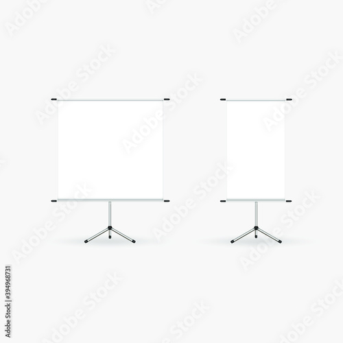Roll up banners. Advertising billboard, promotional white poster mockup, empty info stand template exhibition or conference presentation vector set