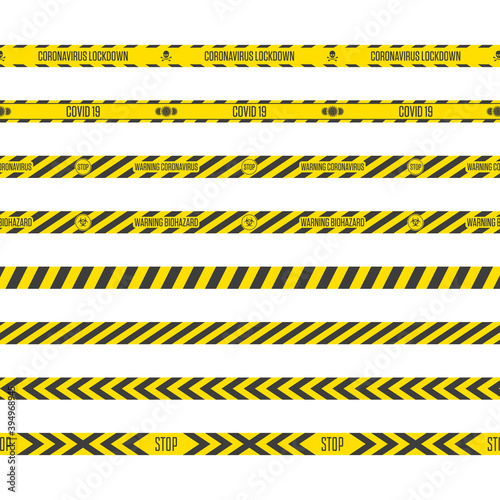 Black and yellow stripes. Coronavirus tape collection isolated on white background. Set of Dangerous COVID 19 Ribbon. Coronavirus lockdown Warning, Danger tapes. Vector illustration EPS 10. © art_sonik