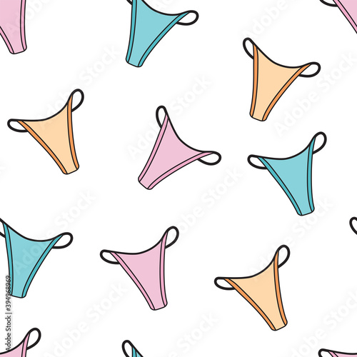 Stock vector graphics. Seamless pattern cute female thong panties in three colors: blue, pink and yellow, flat illustration isolated on white background.