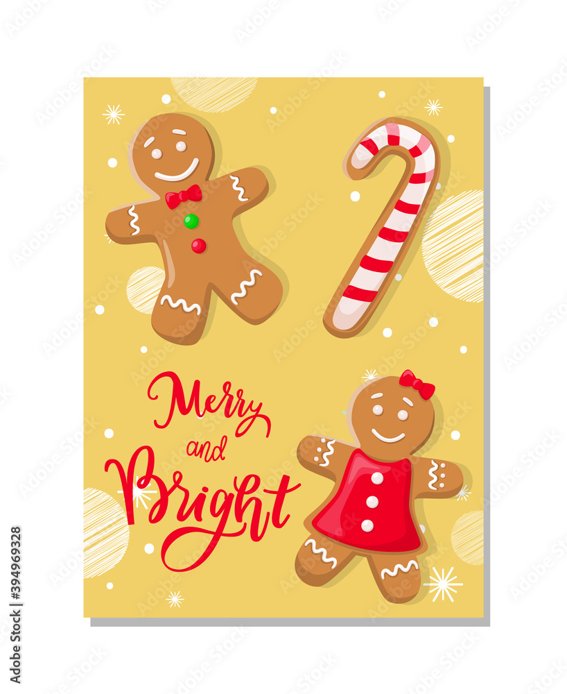 Cookies of gingerbread smiling girl in dress and boy with bow and buttons with candy. Merry and Bright design paper card with Christmas pastries vector