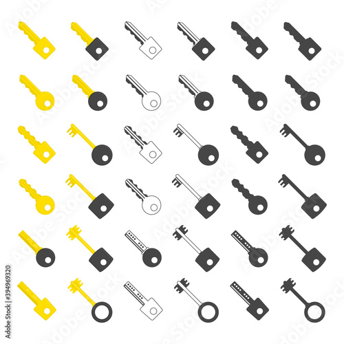 Key icon set. Keys silhouette, Golden keys signs isolated on white background. Set of different types house keys. Symbol of Security or Privacy. Modern and retro skeleton access. Vector illustration.