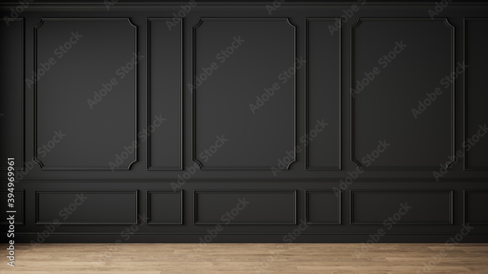 Modern classic black empty interior with wall panels and wooden floor. 3d render illustration mock up. - obrazy, fototapety, plakaty 