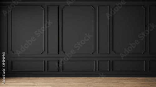 Modern classic black empty interior with wall panels and wooden floor. 3d render illustration mock up. photo