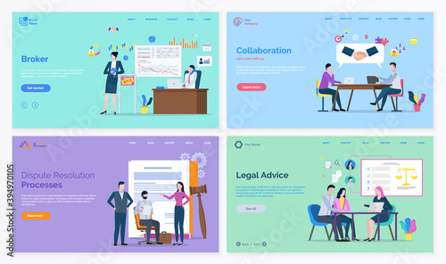 Broker and collaboration, dispute resolution processes, legal advice set, consultation and solve problems online. Judge and clients deal, partnership vector. Webpage set, website template flat style