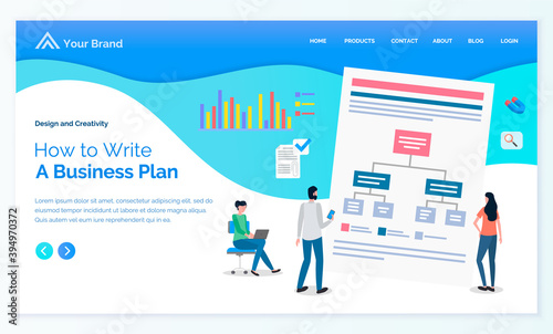Business plan how to write, list with tasks, missions, targets, businesspeople learning to make business plan, development, analysing information in internet, business strategy, planning concept photo