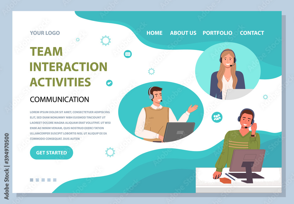 Landing page of website. Team interaction activities, communication. Colleagues with headsets talking with video, discussing business. Online teamwork. Workers using computers, communicating Landing page of website. Team interaction activities, communication. Colleagues with headsets talking with video, discussing business. Online teamwork. Workers using computers, communicating