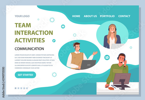 Landing page of website. Team interaction activities, communication. Colleagues with headsets talking with video, discussing business. Online teamwork. Workers using computers, communicating