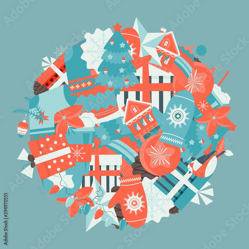 Merry Christmas circle color composition flat vector illustration