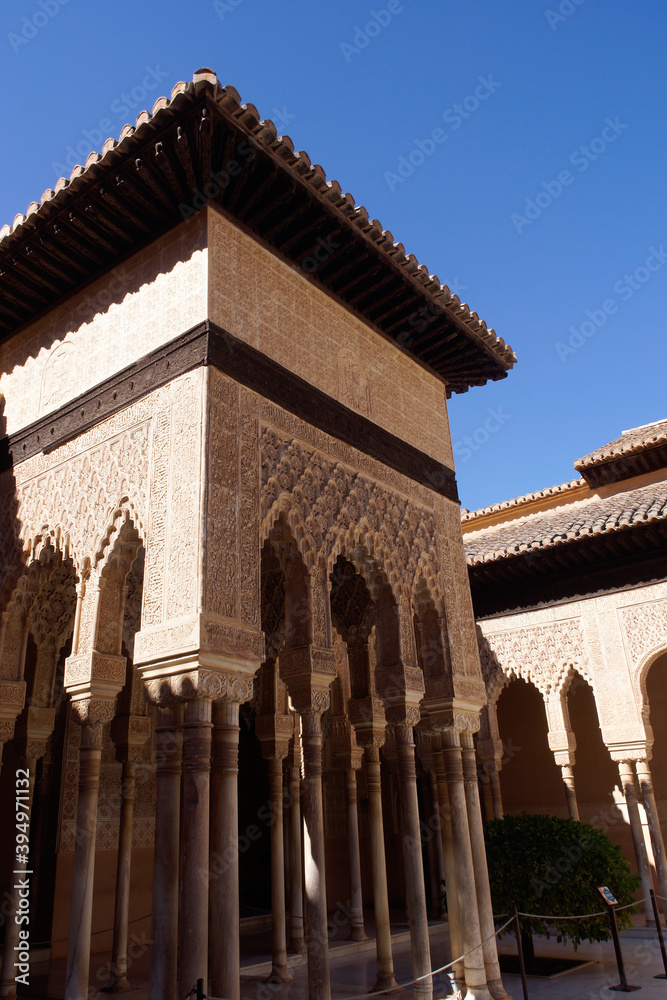 Granada (Spain). Architectural detail of the Patio de los Leones inside the Nasrid Palaces of the Alhambra in Granada