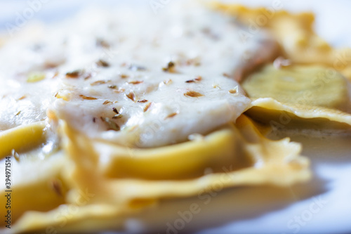 Close-up of ravioli fresh pasta dish with cheese sauce and oregano served on a white plate