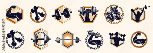 Fitness sport emblems logos or posters with barbells dumbbells kettlebells and muscle man silhouettes vector set, athletic workout active lifestyle theme, sport club or competition awards.
