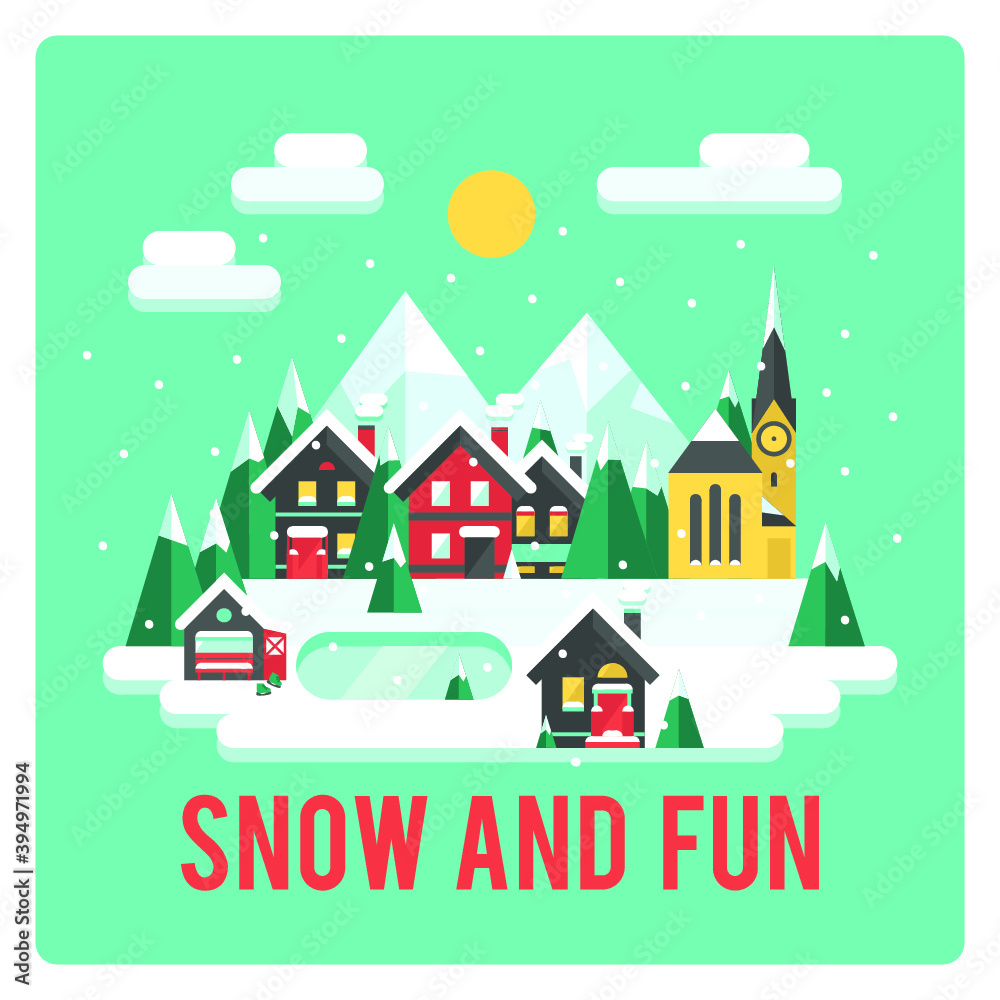 Snowy Landscape Ski Resort. Vector Illustration Night in Mountains. Flat Design Style Winter Background