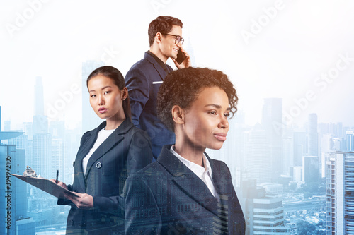 Photography Group of three business colleagues in suits working and dreaming about new career opportunities
