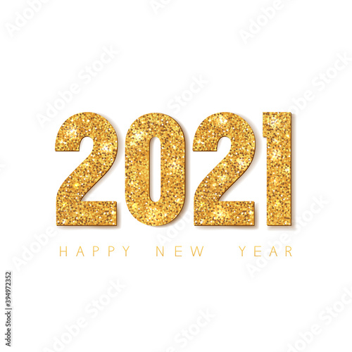 Happy new year 2021, shiny numbers on white background.