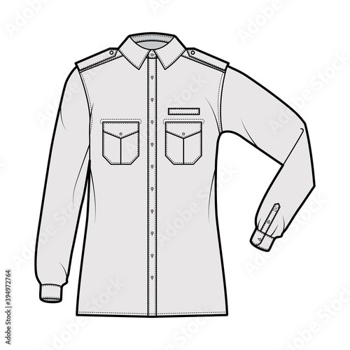 Shirt military technical fashion illustration with epaulette, flaps angled pockets, elbow fold long sleeve, relax fit, button-down, collar. Flat template front, grey color. Women men unisex top CAD