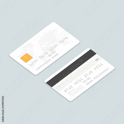 Isometric Mockup Credit Card with worlds map. Empty plastic card template isolated on transparent background. Realistic style. Business and finance concept. Vector illustration EPS 10.