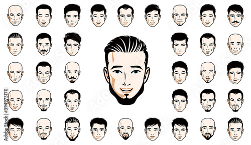 Handsome men faces and hairstyles heads vector illustrations set isolated on white background, guy happy attractive beautiful faces avatars collection with different haircuts.