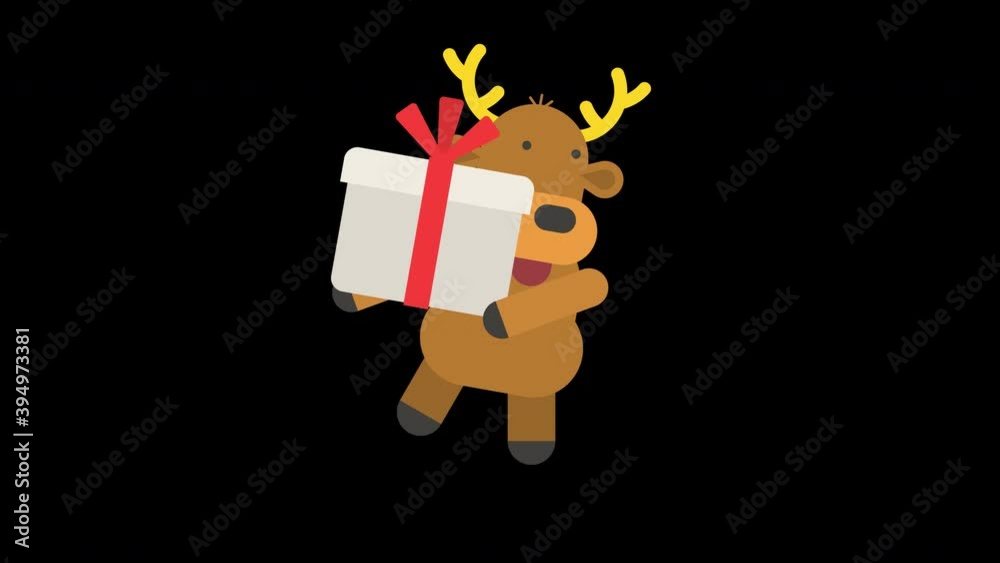Reindeer holding gift with red ribbon and dancing. Alpha channel Reindeer holding gift with red ribbon and dancing. Alpha channel