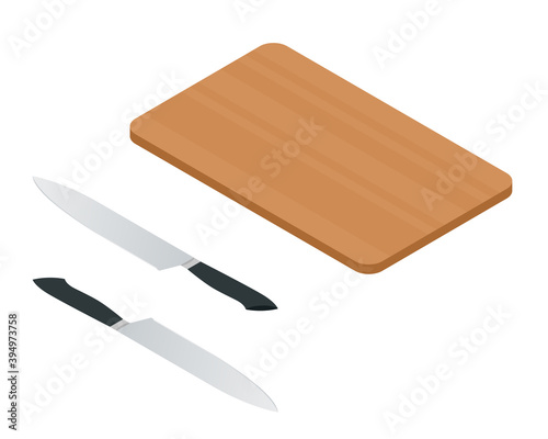 Isometric Kitchen Wooden Board with Knifes on white background. kitchen knives and wood cutting board.