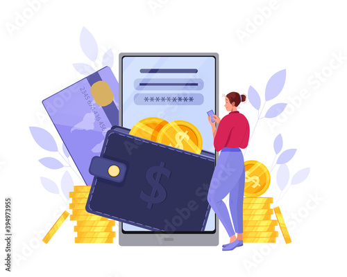 E-wallet or digital online payment vector concept with woman, smartphone, credit card, stacked dollar coins. Money transfer or mobile transaction flat illustration. Digital payment or purchase design