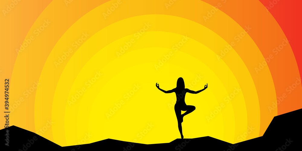 Beauty girl in nature in a yoga pose, silhouette relaxes. Woman meditates sunrise or sunset in the mountains outdoors.Zen vector illustration.