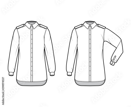 Shirt epaulette technical fashion illustration with elbow fold long sleeve, oversized, button-down opening, regular collar. Flat template front, white, color. Women men unisex top CAD mockup