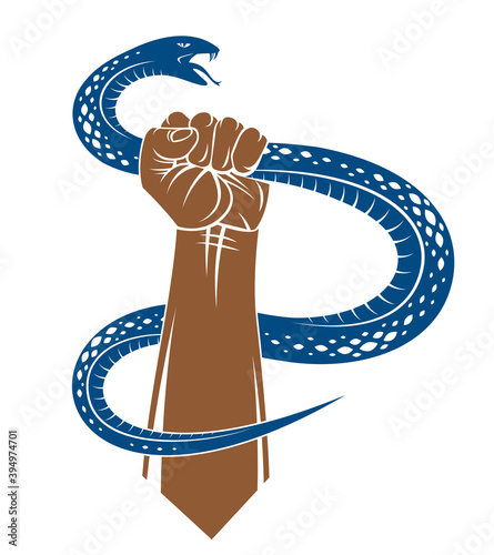 Hand squeezes a snake, fight against evil, control your dark side, internal conflict, archetype shadow, life is a fight concept, vintage vector logo or tattoo.