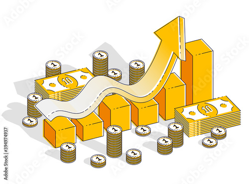 Success and income increase concept, growth chart stats bar with cash money stack isolated on white background. Vector 3d isometric business and finance illustration, thin line design.