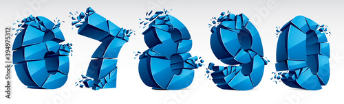 3D realistic blue numbers set 6 7 8 9 0 vector illustration, breaking to pieces digits over white symbols collection.