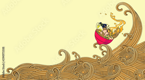 Japanese ramen noodles soup with egg, pork, nori, onion, corn. Vector illustration with free space for text