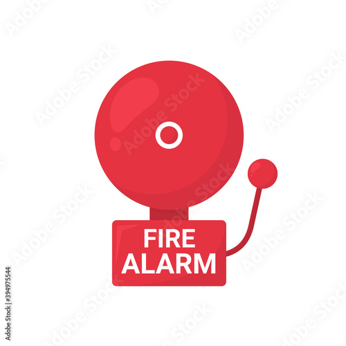 Fire alarm red bell system, icon isolated on white background. Symbol for office, school. Cartoon flat design. Vector illustration.