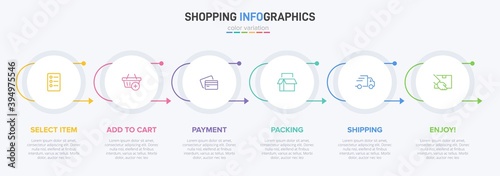 Concept of shopping process with 6 successive steps. Six colorful graphic elements. Timeline design for brochure, presentation, web site. Infographic design layout.
